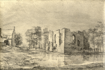 107386 Gezicht op de ruïne van het kasteel Lievendaal bij Amerongen uit het noordwesten, met links een gedeelte van de ...